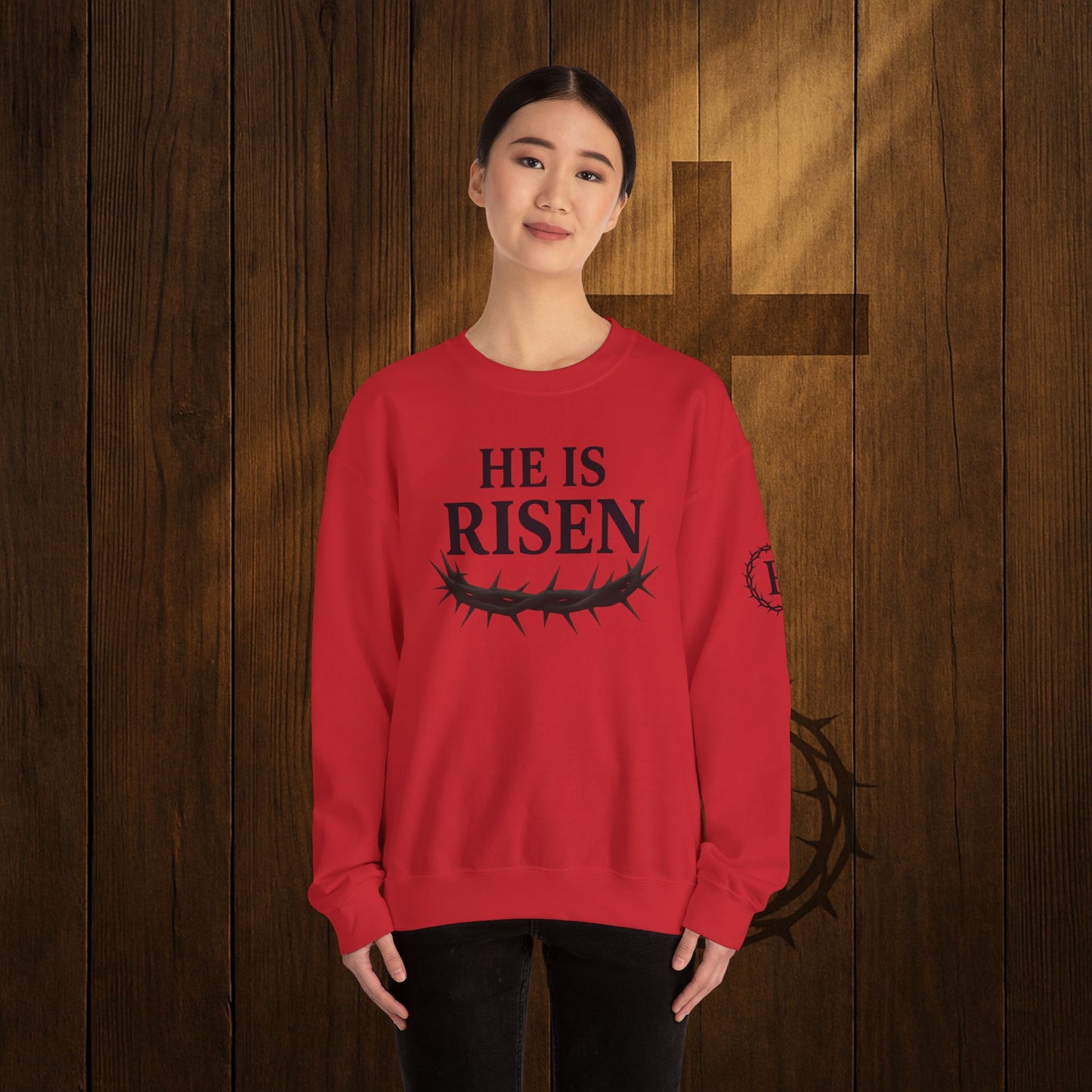 He Is Risen Sweatshirt — Christian Easter Crewneck with Crown of Thorns