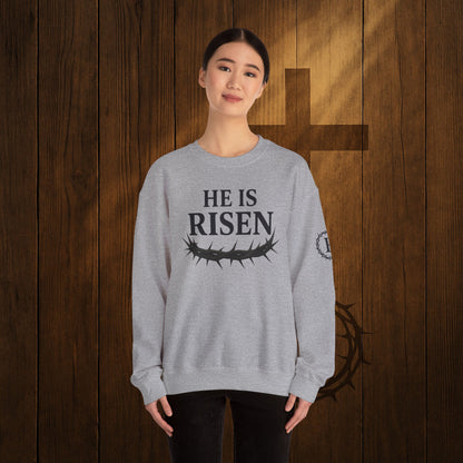 He Is Risen Sweatshirt — Christian Easter Crewneck with Crown of Thorns