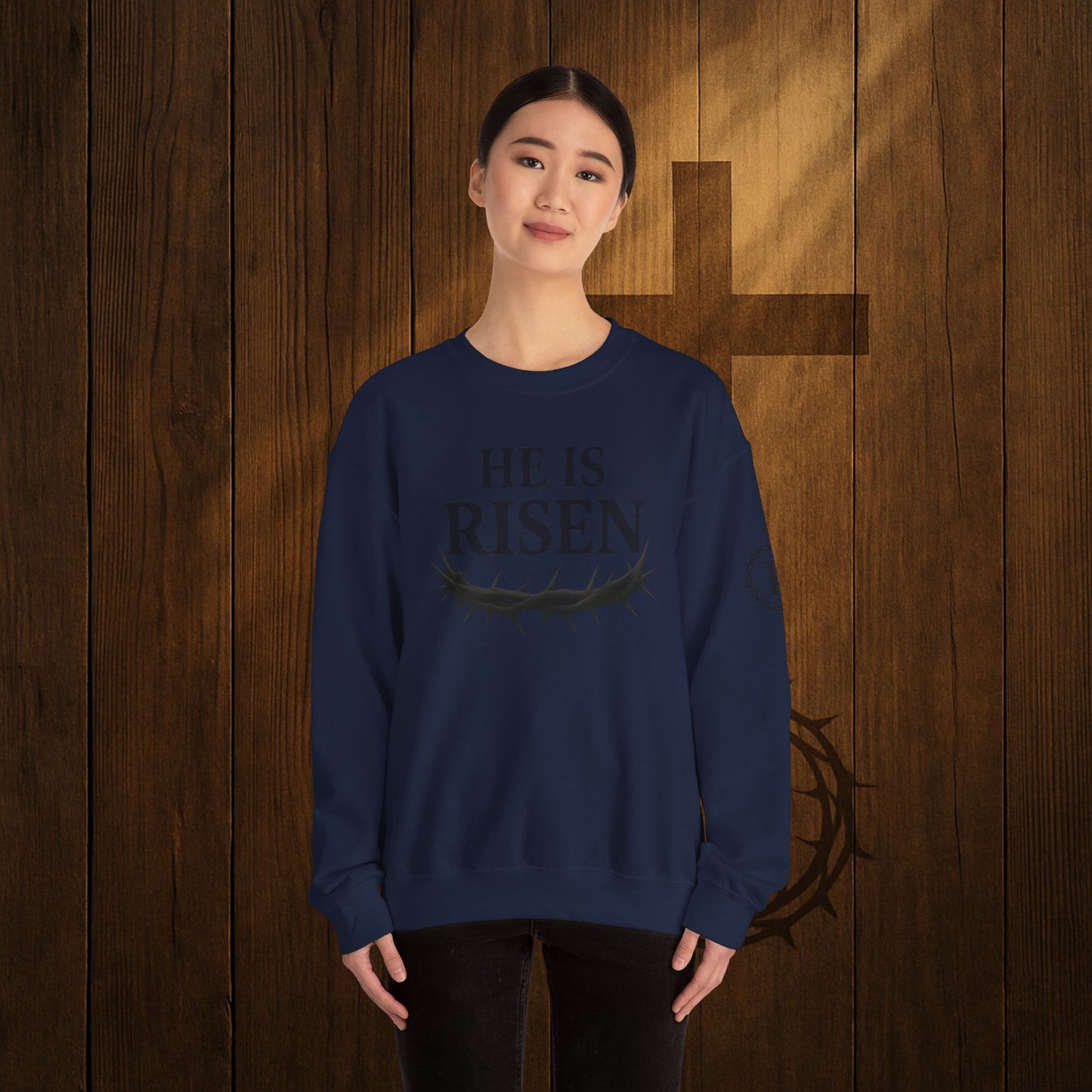 He Is Risen Sweatshirt — Christian Easter Crewneck with Crown of Thorns
