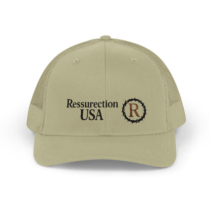 Resurrection USA Embroidered Trucker Cap — Vintage Faith-Inspired Snapback