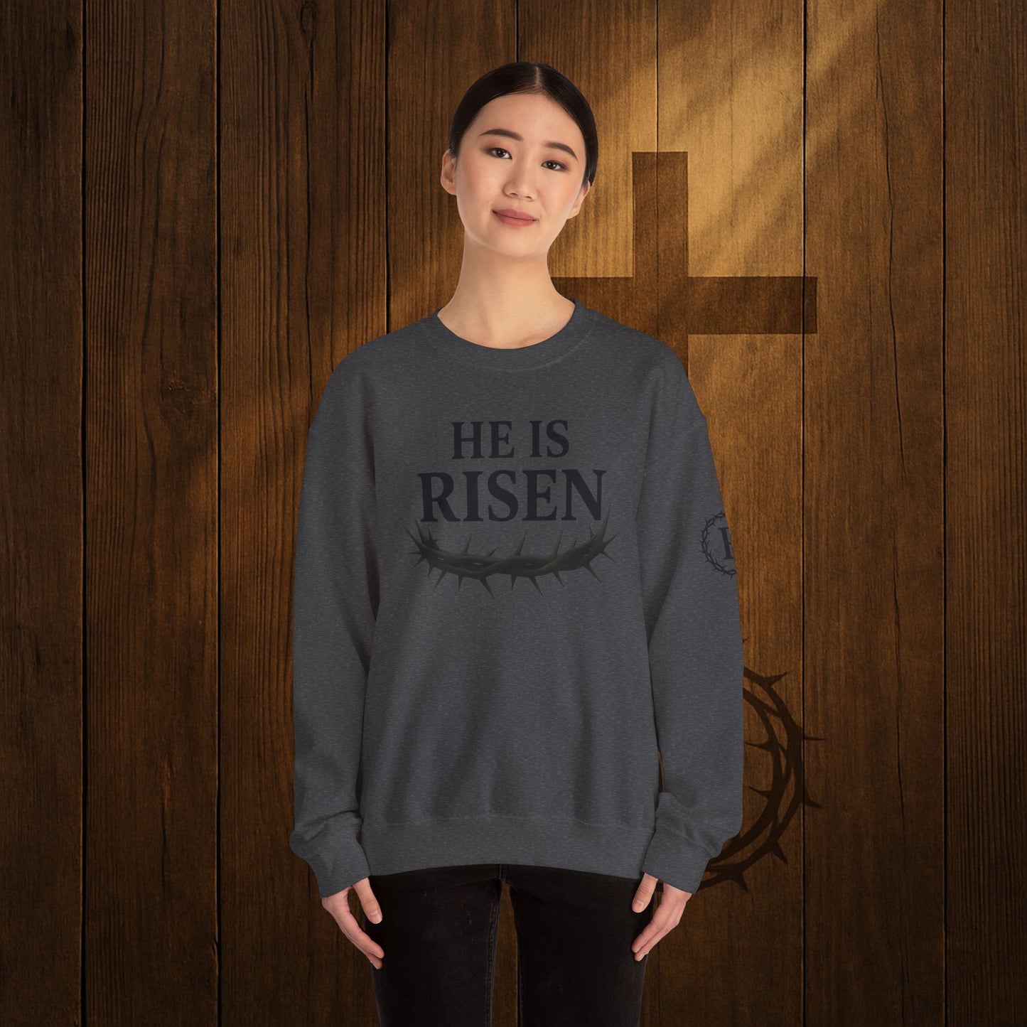 He Is Risen Sweatshirt — Christian Easter Crewneck with Crown of Thorns