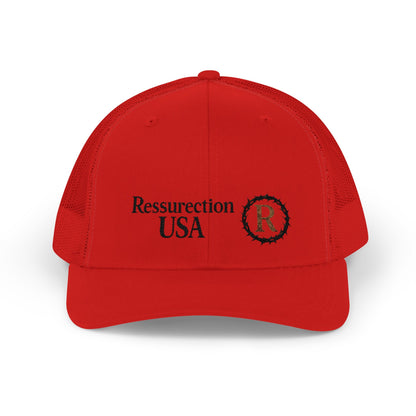 Resurrection USA Embroidered Trucker Cap — Vintage Faith-Inspired Snapback
