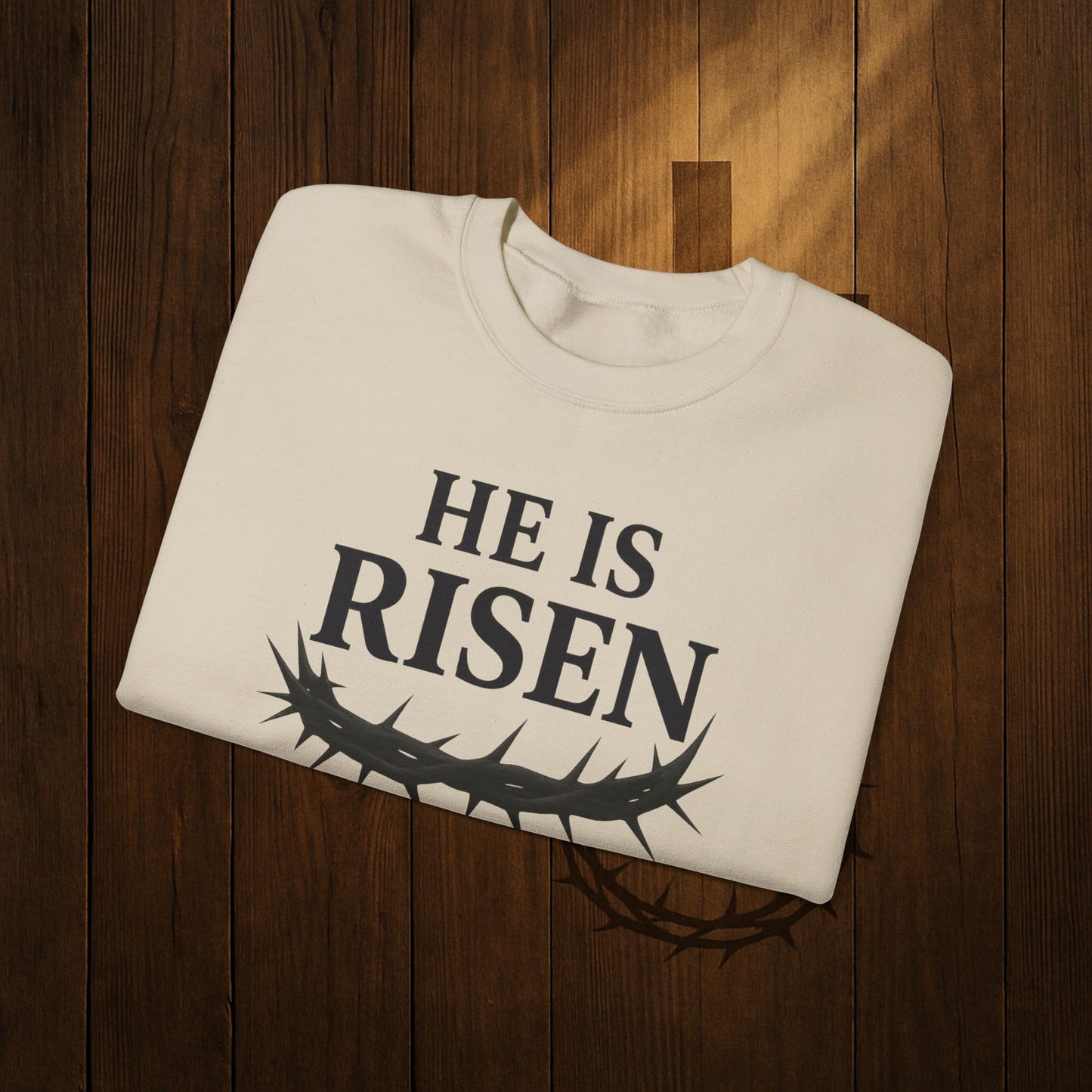 He Is Risen Sweatshirt — Christian Easter Crewneck with Crown of Thorns