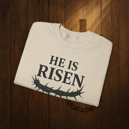He Is Risen Sweatshirt — Christian Easter Crewneck with Crown of Thorns