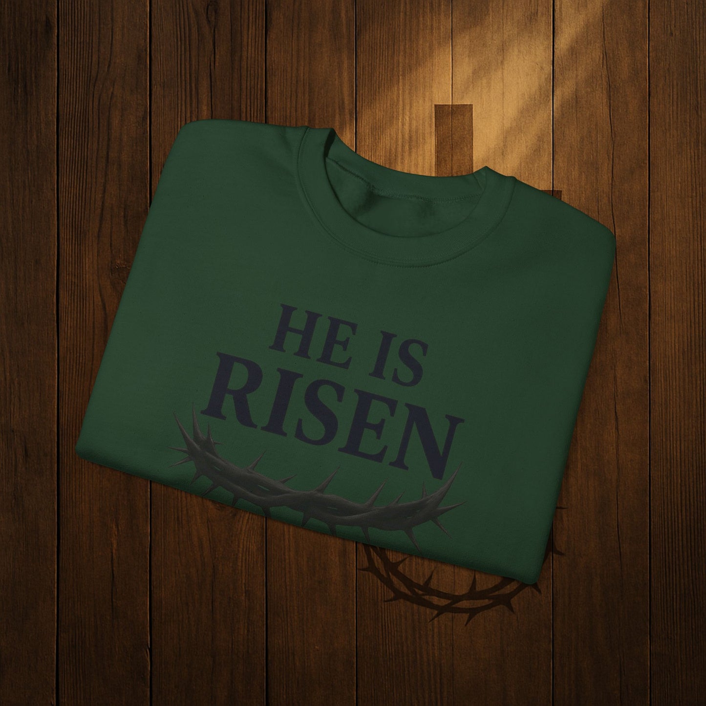 He Is Risen Sweatshirt — Christian Easter Crewneck with Crown of Thorns
