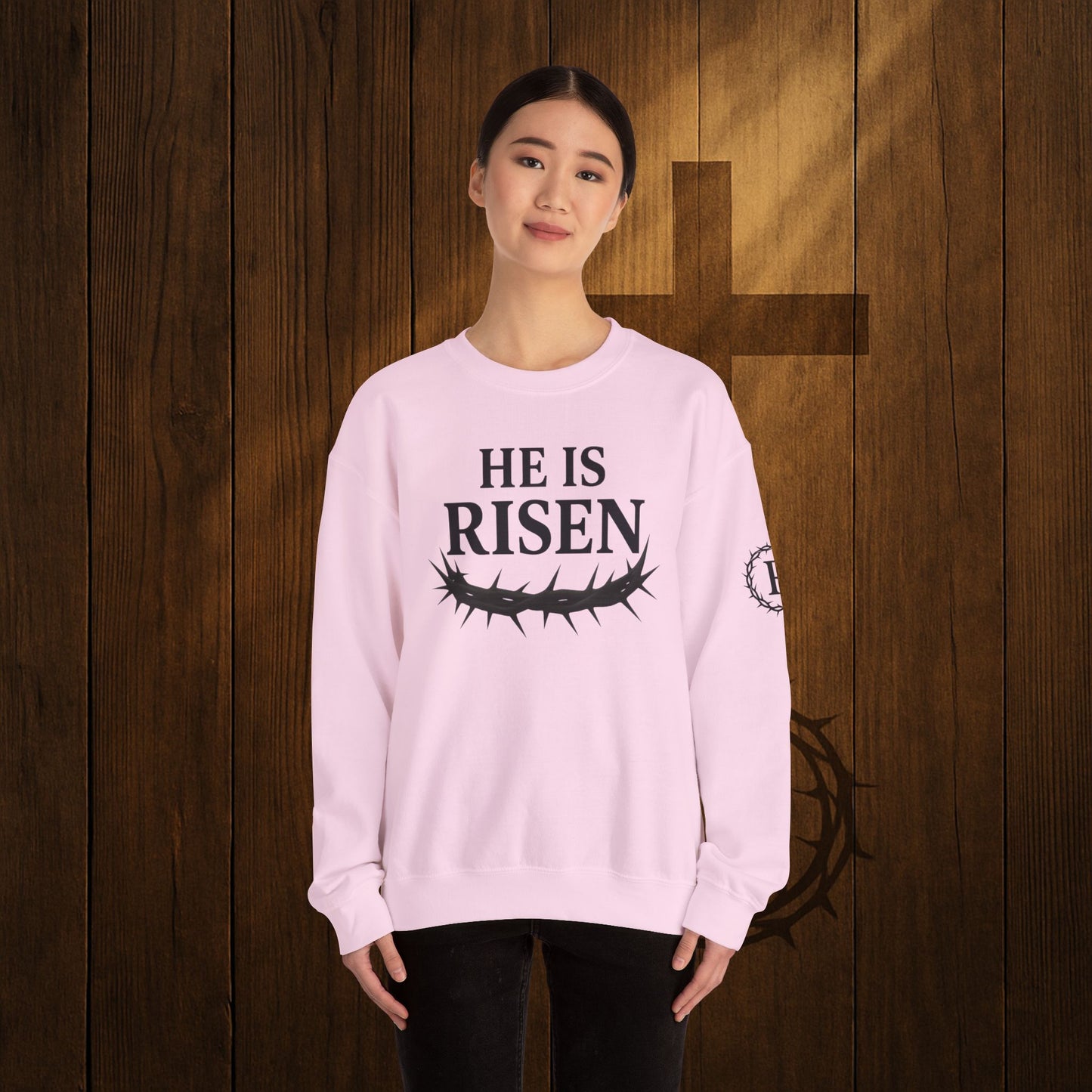 He Is Risen Sweatshirt — Christian Easter Crewneck with Crown of Thorns