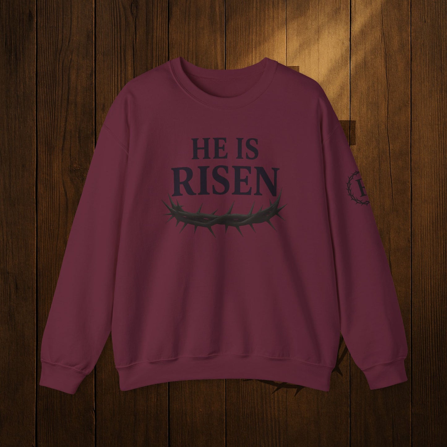 He Is Risen Sweatshirt — Christian Easter Crewneck with Crown of Thorns