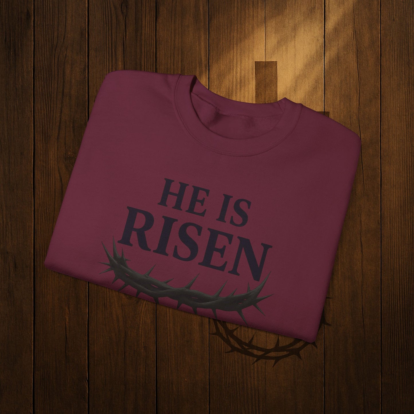 He Is Risen Sweatshirt — Christian Easter Crewneck with Crown of Thorns