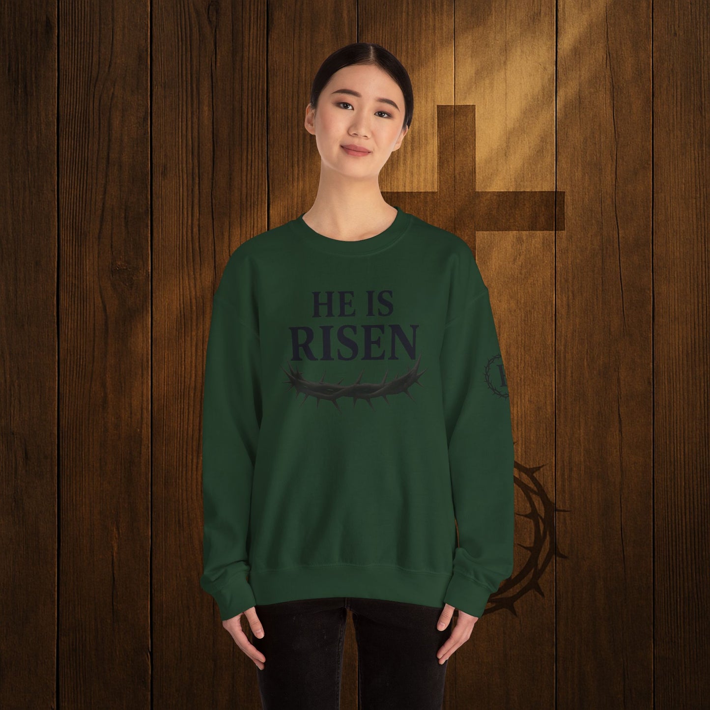 He Is Risen Sweatshirt — Christian Easter Crewneck with Crown of Thorns