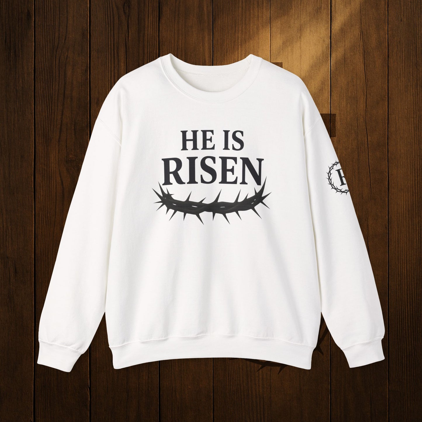 He Is Risen Sweatshirt — Christian Easter Crewneck with Crown of Thorns