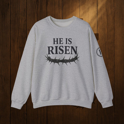He Is Risen Sweatshirt — Christian Easter Crewneck with Crown of Thorns