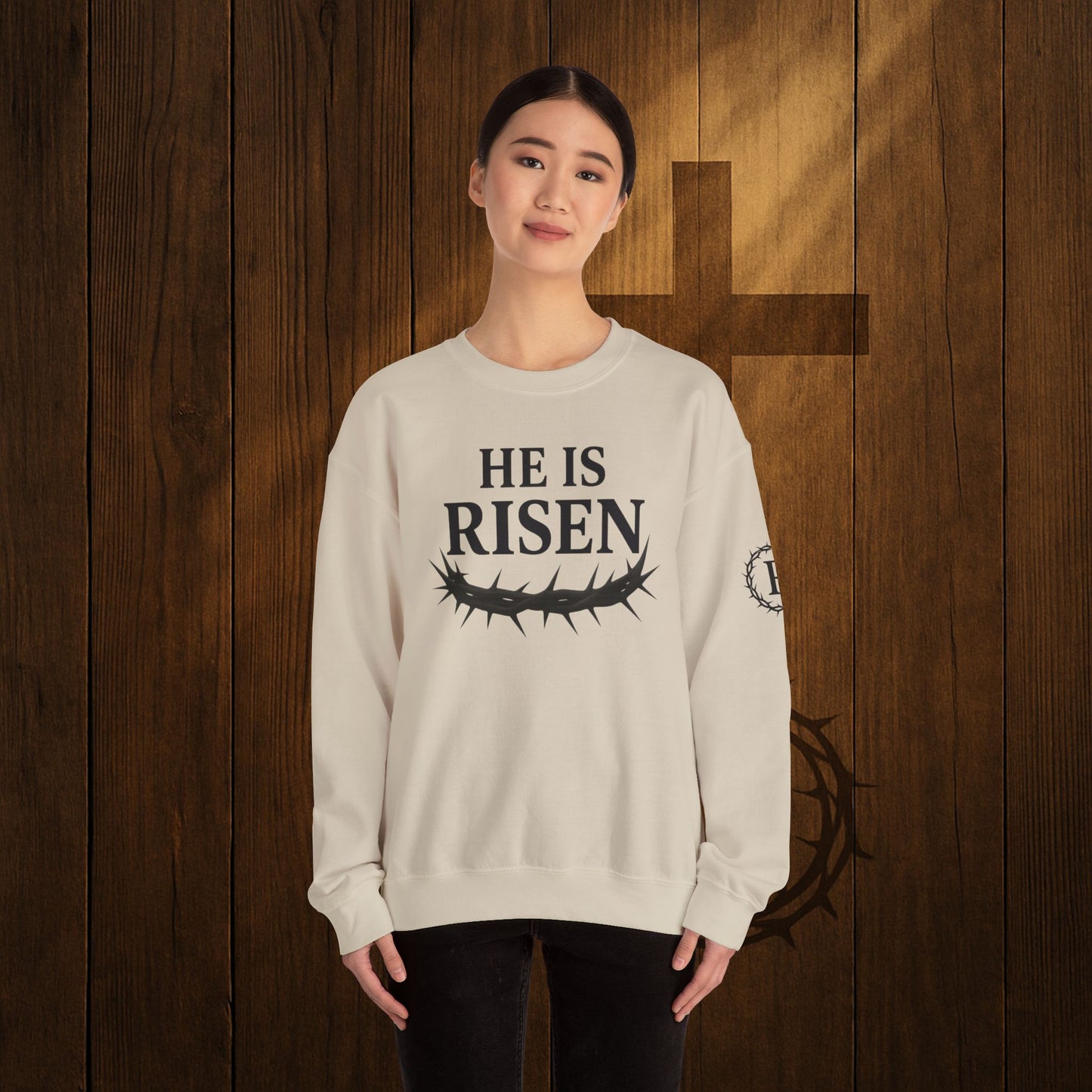 He Is Risen Sweatshirt — Christian Easter Crewneck with Crown of Thorns