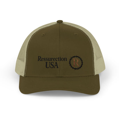 Resurrection USA Embroidered Trucker Cap — Vintage Faith-Inspired Snapback