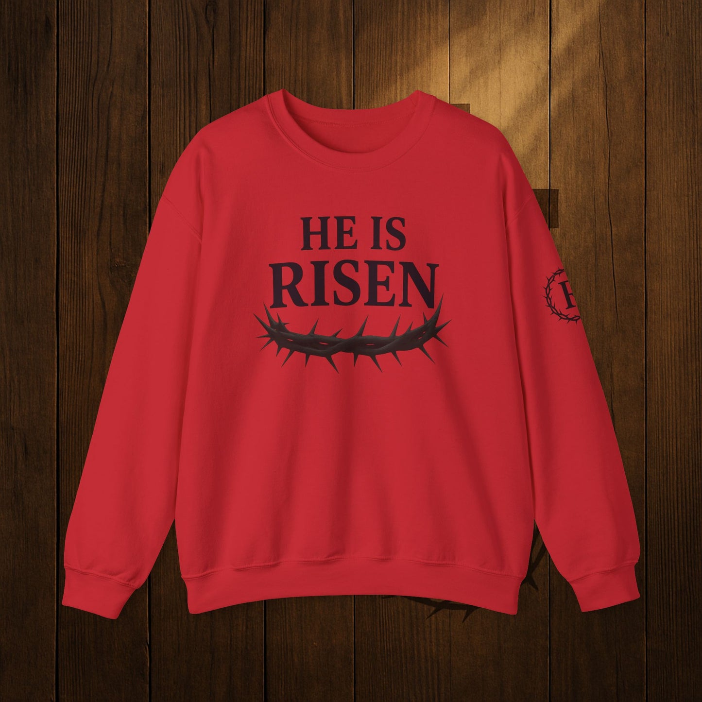 He Is Risen Sweatshirt — Christian Easter Crewneck with Crown of Thorns