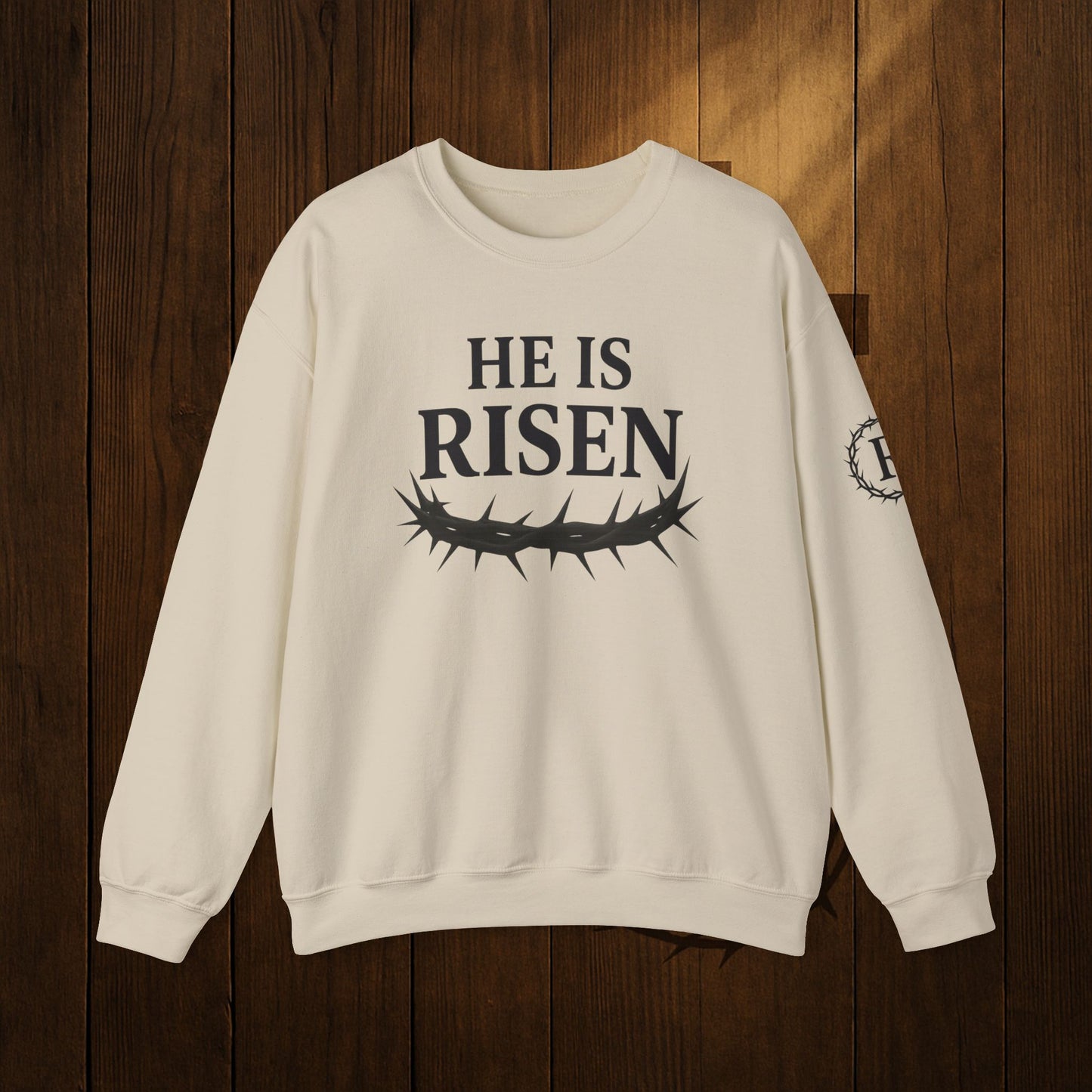 He Is Risen Sweatshirt — Christian Easter Crewneck with Crown of Thorns