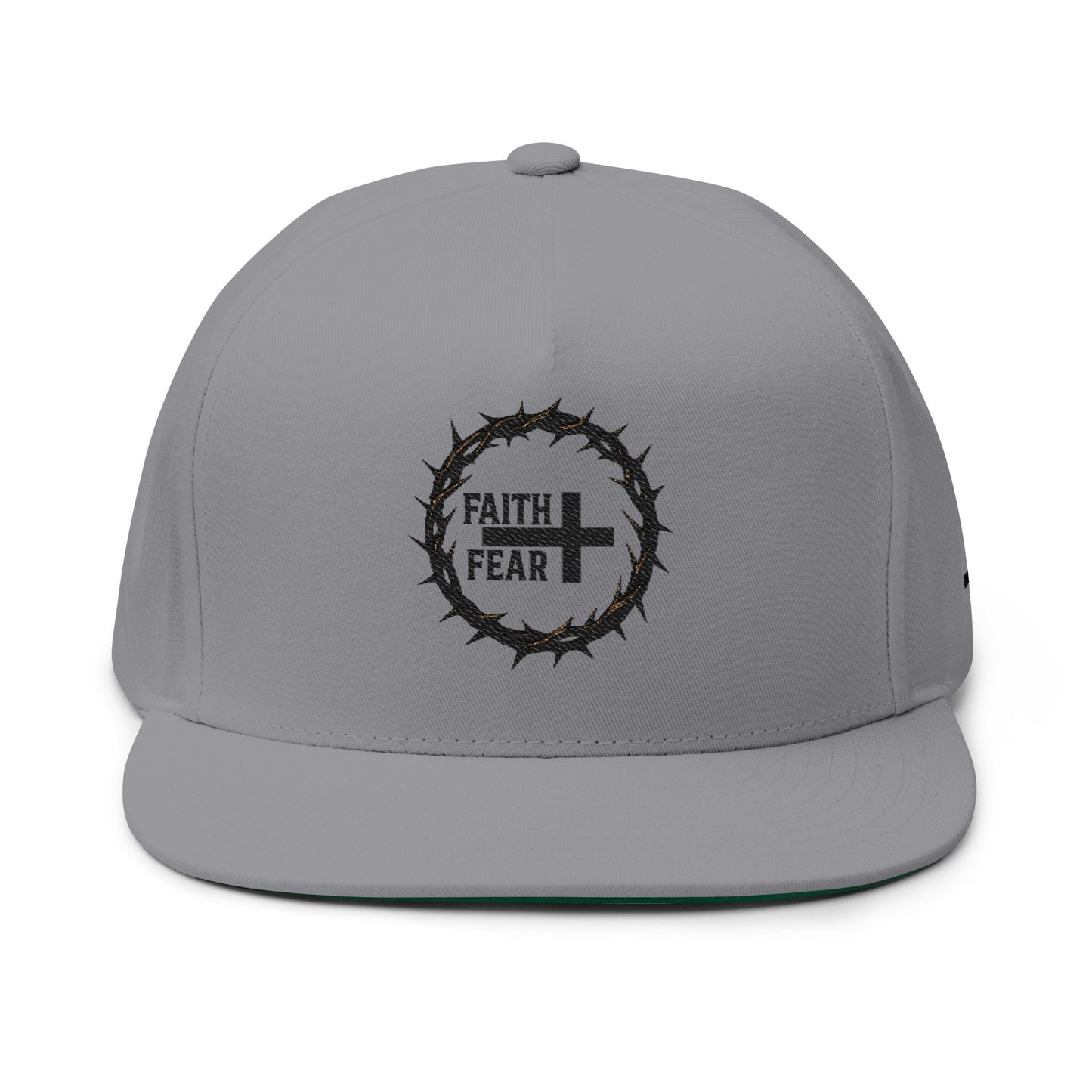 Embroidered Faith Over Fear Flat Bill Cap — Crown of Thorns Cross Snapback