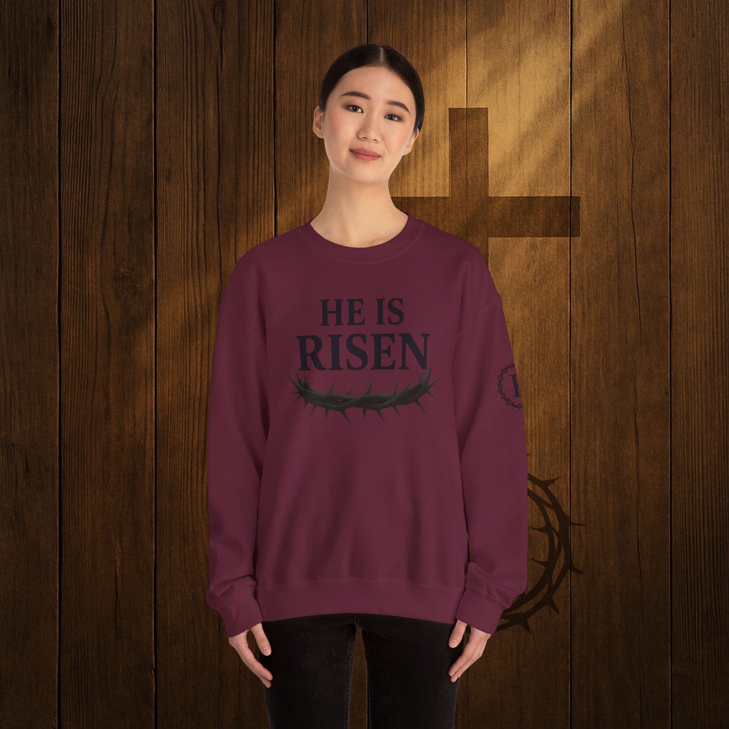 He Is Risen Sweatshirt — Christian Easter Crewneck with Crown of Thorns