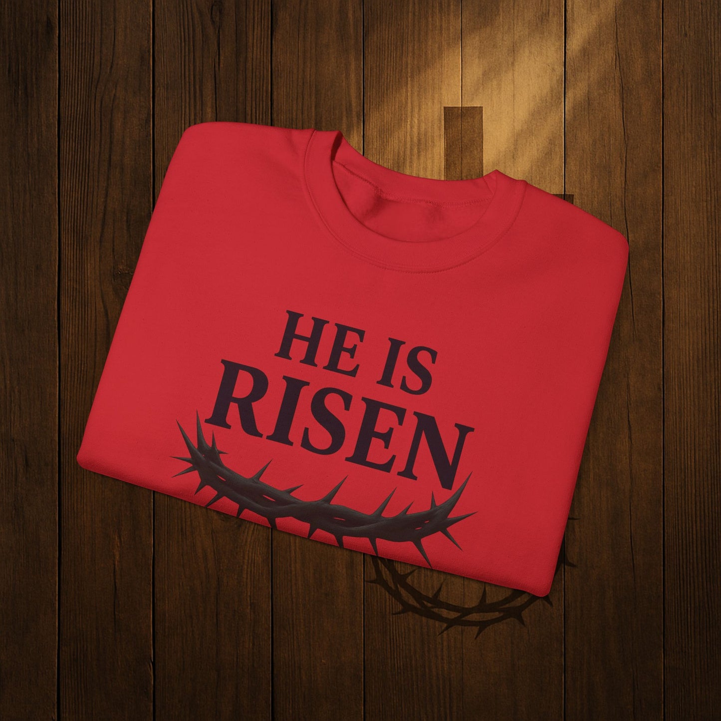 He Is Risen Sweatshirt — Christian Easter Crewneck with Crown of Thorns